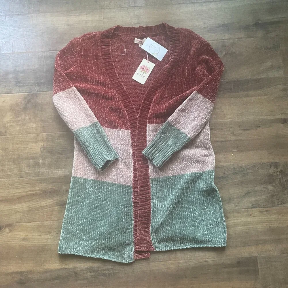 Entro Color Block Chenille Cardigan Sweater Size Small NWT Soft Cozy Fall Layeri